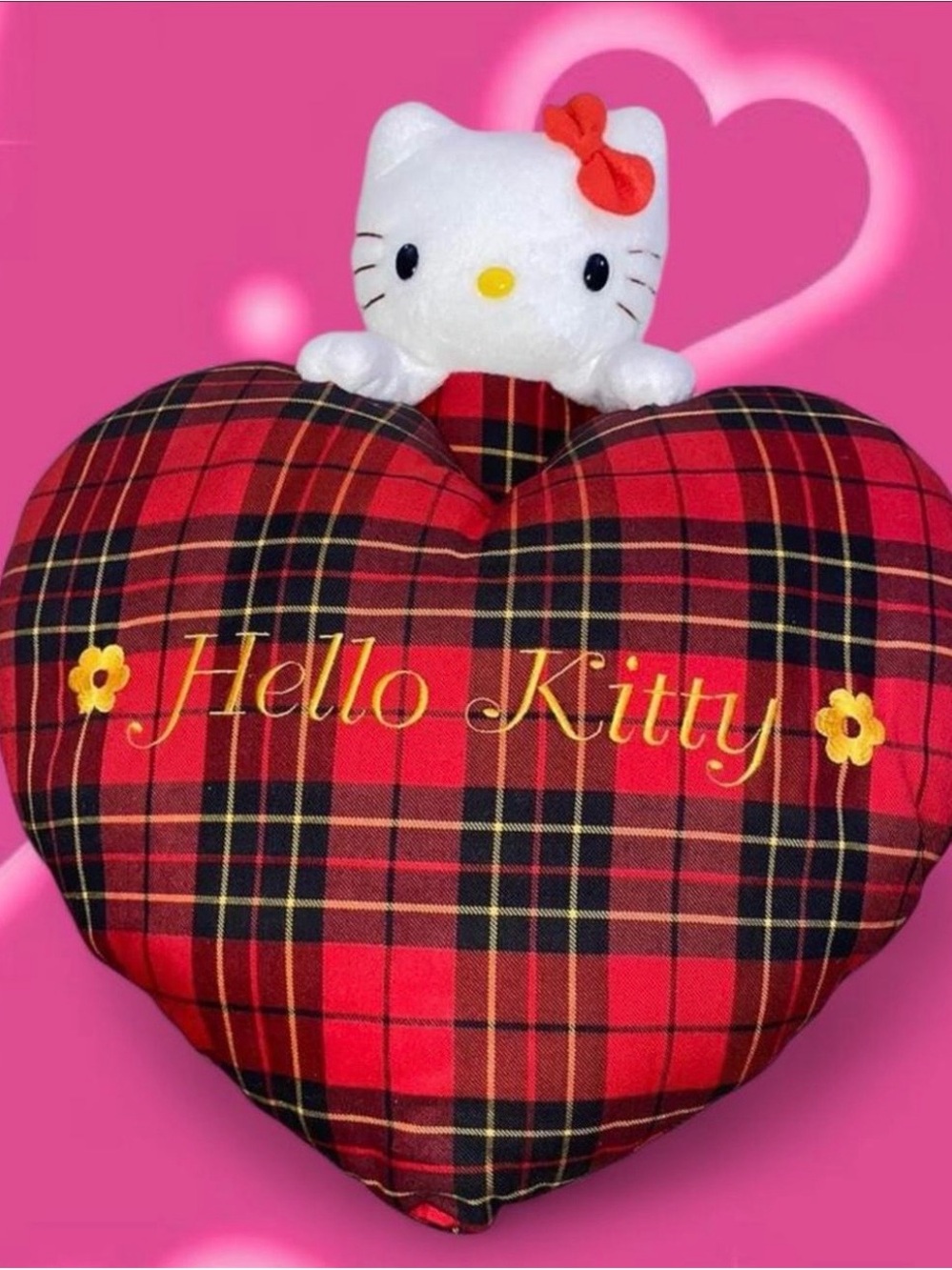 1996 Sanrio Red and Black Plaid Heart Plush Accessory